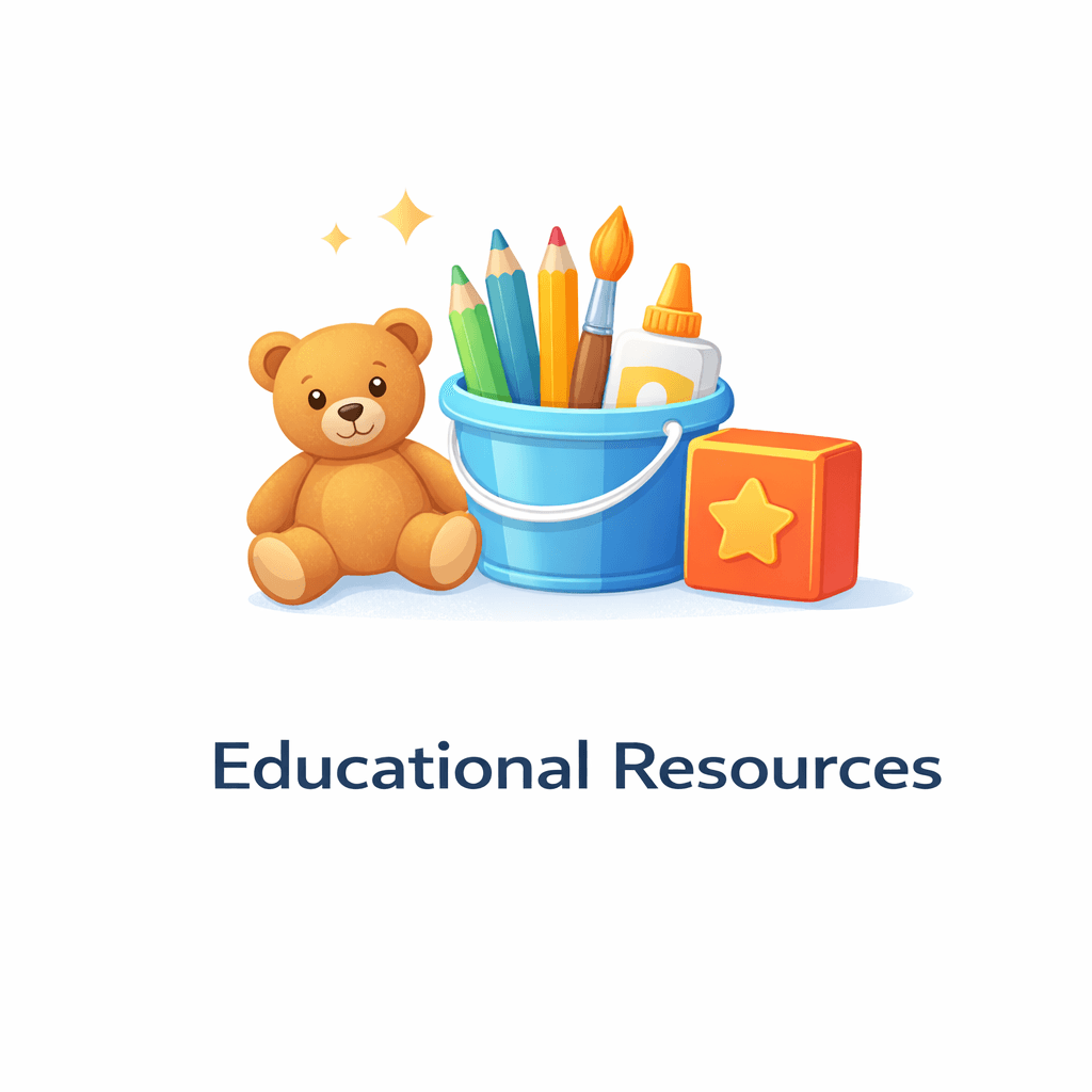 Teddy bear, bucket of art supplies, and star block above the words Educational Resources.