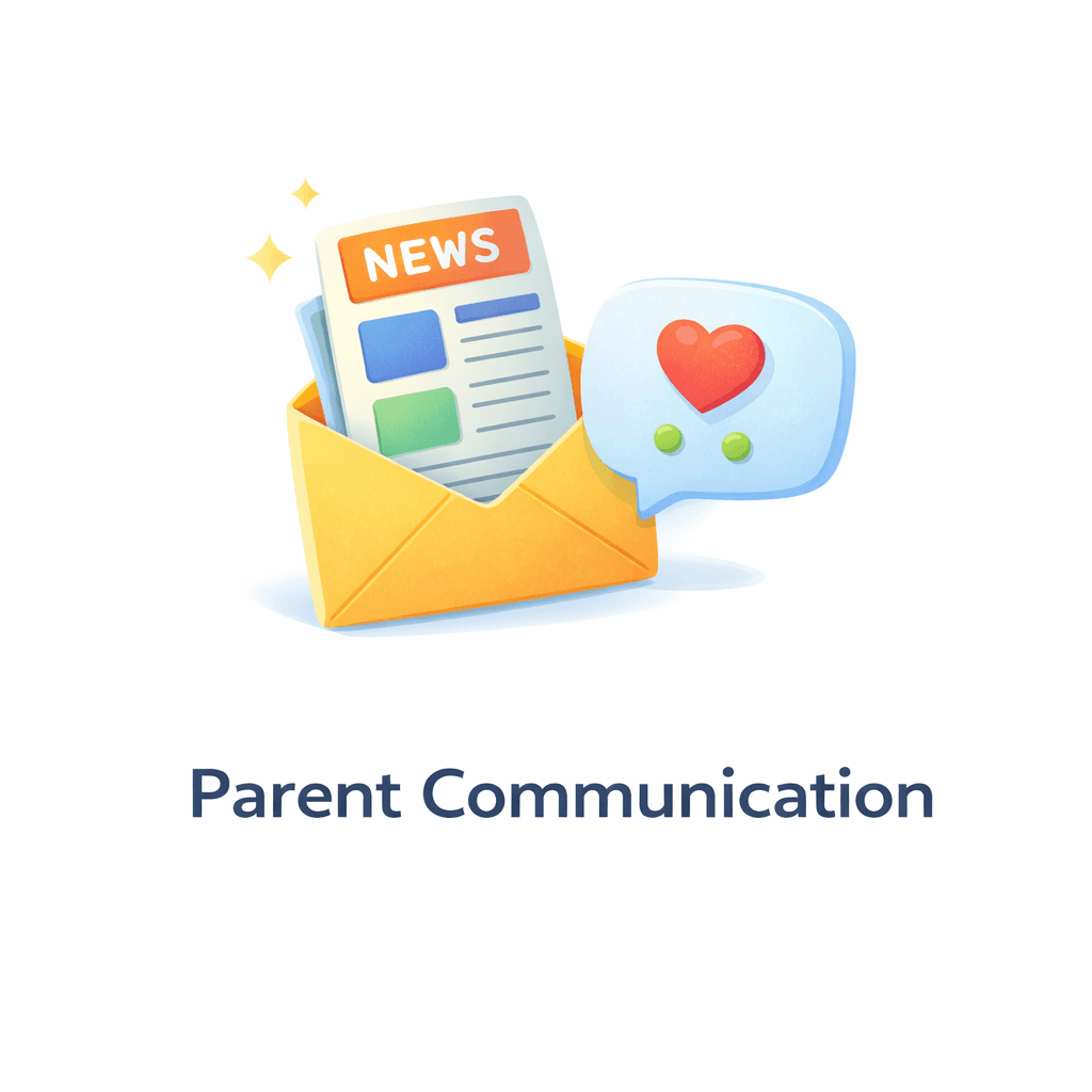 Yellow envelope containing a newspaper and heart speech bubble above the text 'Parent Communication'.