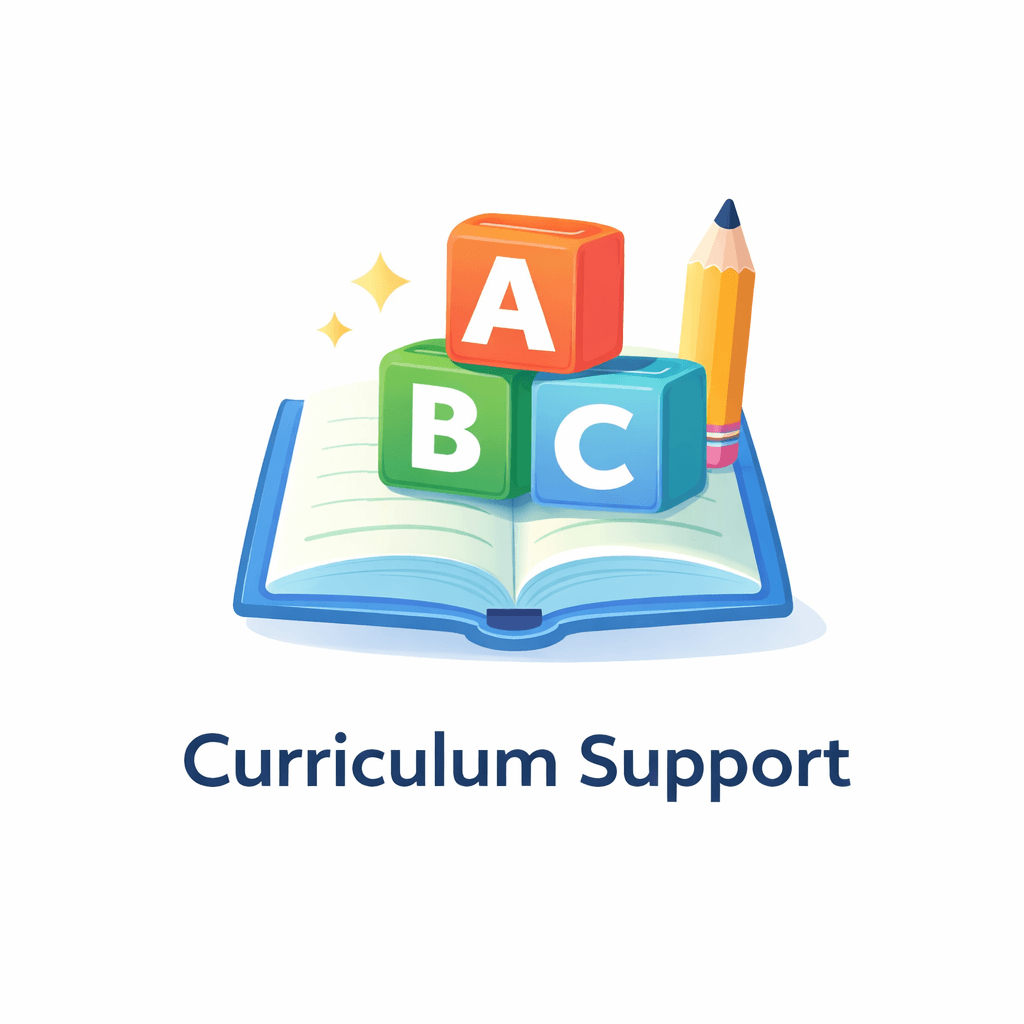 Colorful ABC blocks and a pencil atop an open book, labeled 'Curriculum Support'.